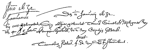 inschrijving van het huwelijk van Teunis Cornelisse (Moerland) met Tanneke Pieters, 11 januari 1632, in het trouwboek van Stavenisse