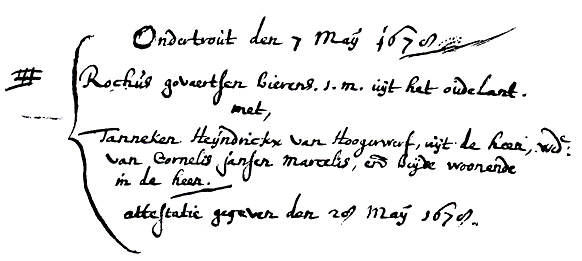 ondertrouw Rochus Bierens en Tanneken van Hoogerwerf, 7 mei 1678 te Nieuw-Vossemeer