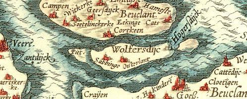 fragment van de kaart van Zeeland van Jacob van Deventer  (circa 1545), met centraal het dorpje Sabbinge op het eiland Wolfaartsdijk