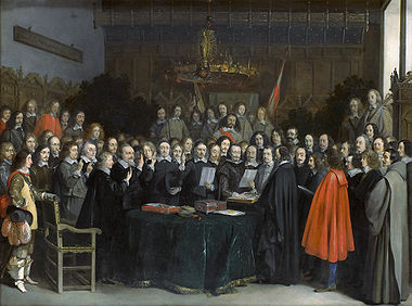 De bediging van het verdrag door de Spaanse en Nederlandse onderhandelaars (Gerard Terborch, 1648)